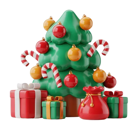 Festive cartoon christmas tree with candy canes gifts and ornaments for holiday marketing PNG