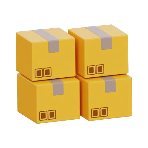 Four yellow delivery boxes stacked ready for shipping and logistics presentation PNG