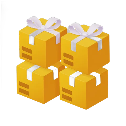 Four yellow gift boxes with ribbons stacked for holiday presents and celebrations PNG