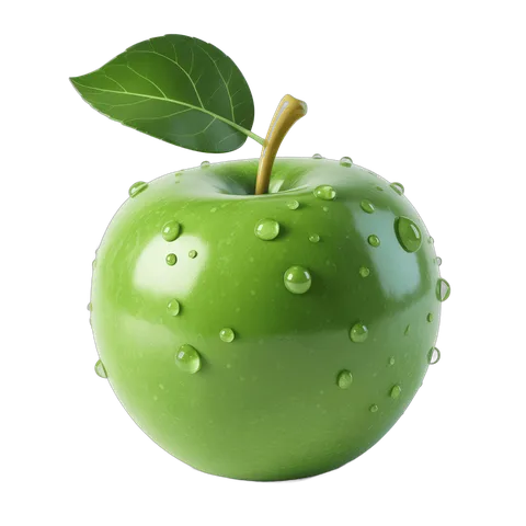 Fresh green apple with water droplets and leaf isolated on transparent background for food marketing PNG