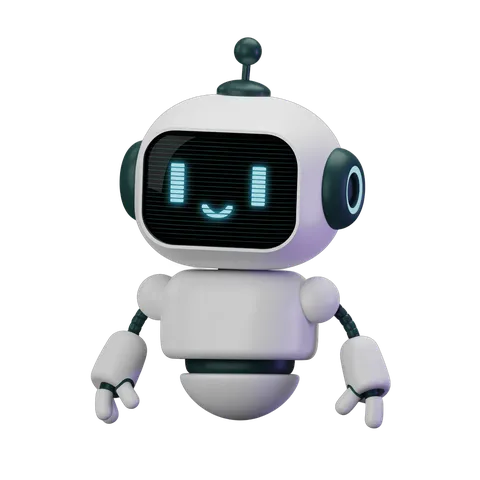 Friendly cartoon robot character with glowing eyes and smile for digital illustrations and branding PNG