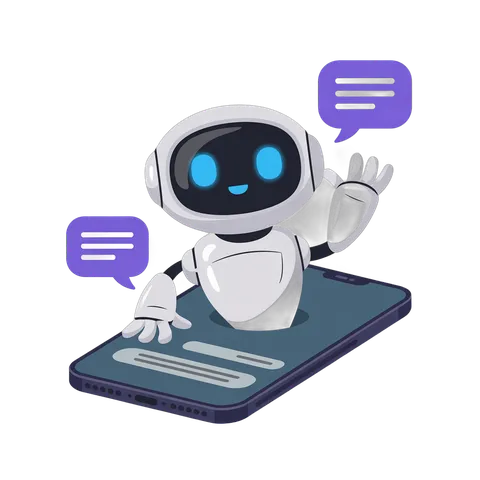Friendly robot waving on smartphone chatting with speech bubbles for tech app interface PNG