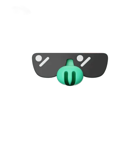Funny cartoon character wearing futuristic black sunglasses with green alien nose for social media graphics PNG