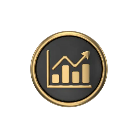 Gold growth chart icon with upward trend bar graph and arrow in circular frame for business presentations PNG