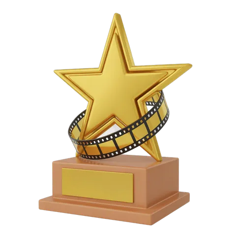 Gold star award trophy with film reel ribbon for entertainment industry recognition and celebration PNG