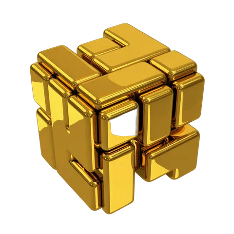 Golden 3d puzzle cube graphic element with metallic texture for modern design projects PNG