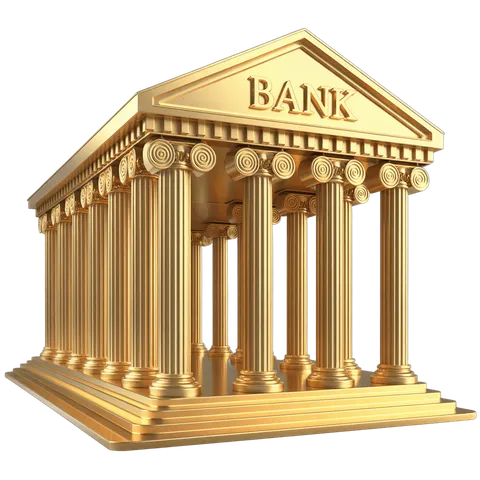 Golden classical bank building illustration for financial business branding and website design PNG