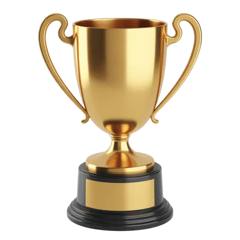 Golden trophy cup with handles for awards ceremony presentation and success celebration PNG