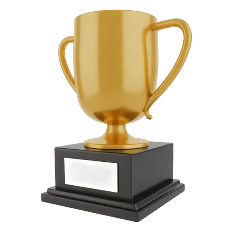 Golden trophy cup with handles on black base for awards ceremony presentation and success celebration PNG