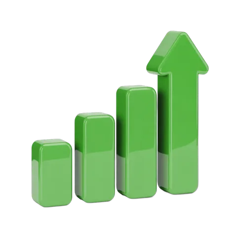 Green 3d bar chart with upward arrow showing business growth and success for presentations and reports PNG