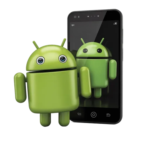 Green android robot mascot clipart with smartphone reflection for app tech marketing designs PNG
