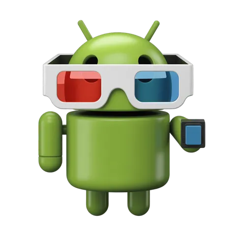 Green android robot wearing 3d glasses holding smartphone for virtual reality tech illustration PNG