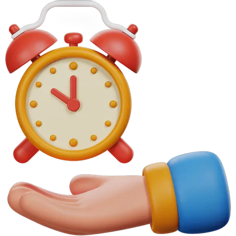 Hand holding colorful alarm clock illustration for time management and productivity designs PNG