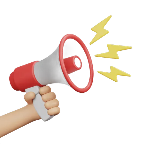 Hand holding megaphone with lightning bolts announcing important news or event PNG
