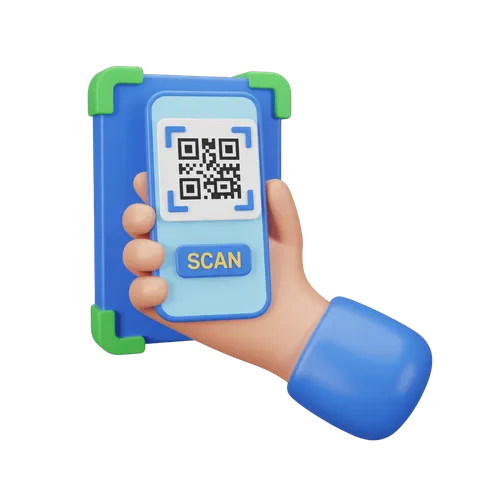 Hand holding mobile qr scanner with scan button and transparent background PNG