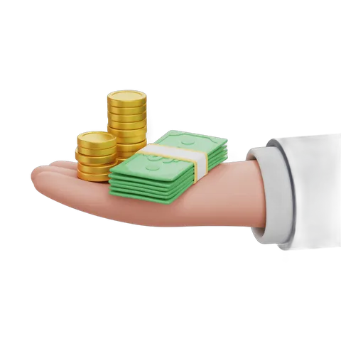 Hand holding stack of money and gold coins for business success and financial growth illustration PNG