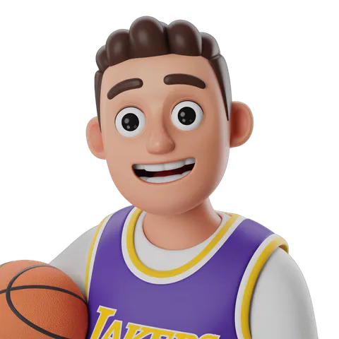Happy cartoon basketball player holding ball in purple lakers jersey isolated clipart PNG