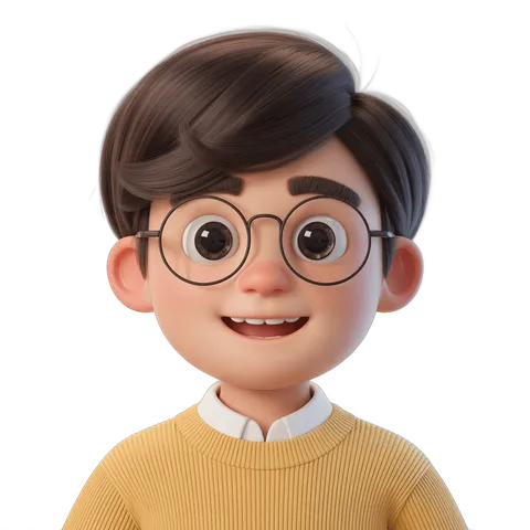 Happy cartoon boy with glasses wearing yellow sweater for cheerful educational content PNG