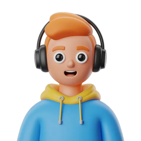 Happy cartoon boy with headphones listening to music in casual hoodie for digital content PNG