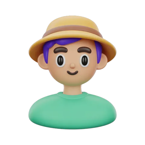 Happy cartoon boy with purple hair wearing straw hat and green shirt isolated clipart PNG