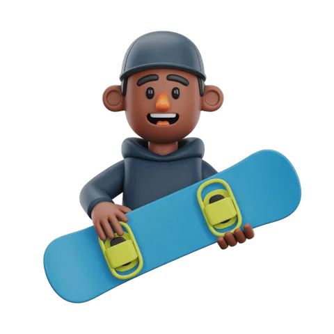 Happy cartoon character holding blue snowboard with yellow bindings for winter sports graphics PNG