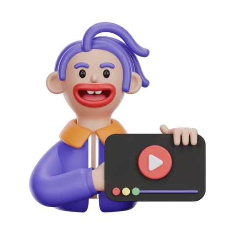 Happy cartoon character holding youtube play button for video content and online tutorials PNG