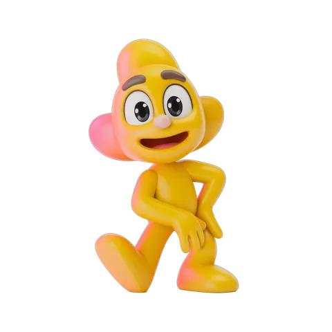 Happy cartoon character with pink ear and yellow body running cheerfully for cheerful presentations and social media graphics PNG