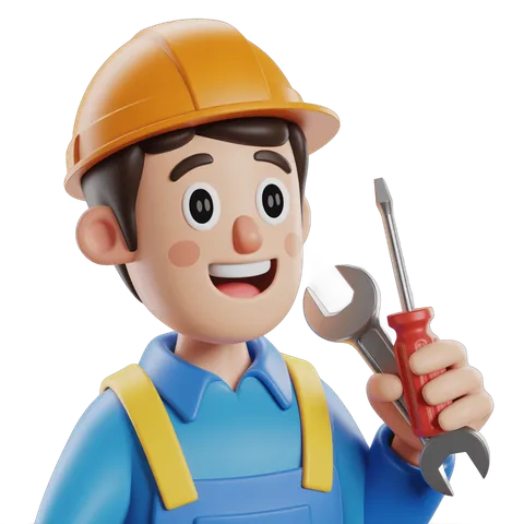 Happy cartoon construction worker holding wrench for repair maintenance and handyman projects PNG