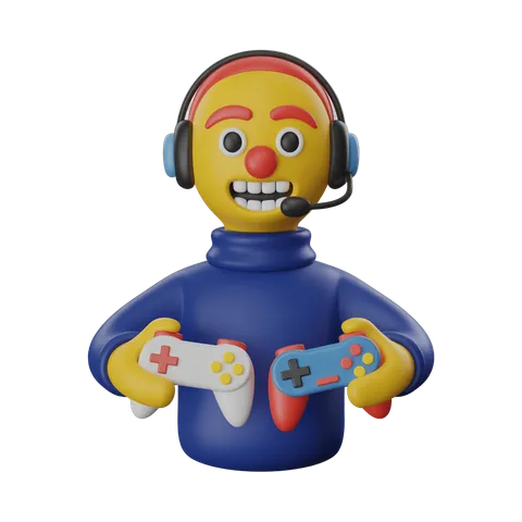 Happy cartoon gamer avatar holding dual controllers for gaming graphics and presentations PNG