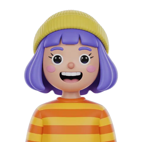 Happy cartoon girl with purple hair and yellow beanie for cheerful children illustrations and animations PNG