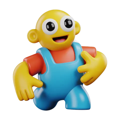 Happy cartoon robot character in overalls waving for cheerful digital illustrations PNG