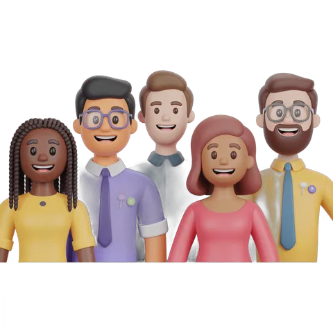 Happy diverse team of five professionals smiling together in office clipart PNG