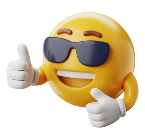 Happy emoji with sunglasses giving thumbs up isolated transparent background clipart PNG