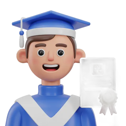 Happy graduate cartoon character holding diploma in blue cap and gown for education celebration PNG