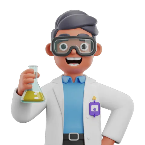 Happy scientist character holding lab flask for educational and science project illustrations PNG