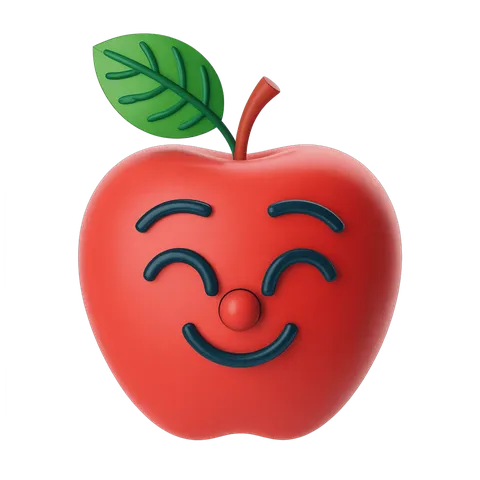 Happy smiling cartoon apple with leaf isolated transparent background clipart PNG
