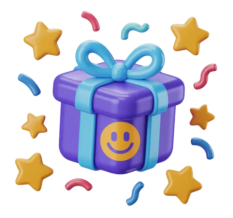 Happy smiling gift box with bow and stars for celebration party decoration design PNG