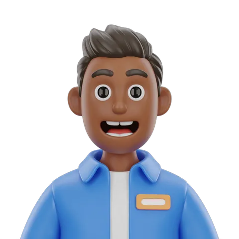 Happy smiling male employee in blue uniform with name tag for corporate training presentation PNG