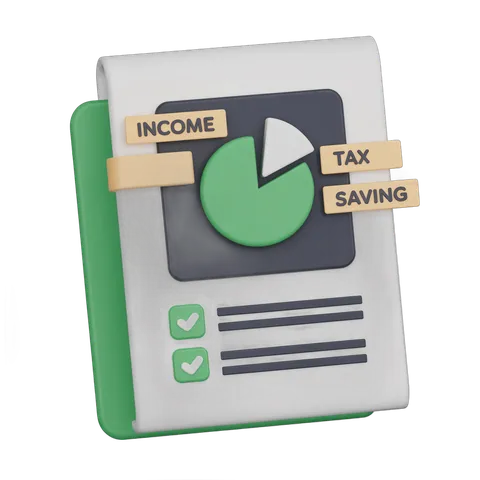 Income tax savings calculator document with pie chart and checklist for financial planning PNG