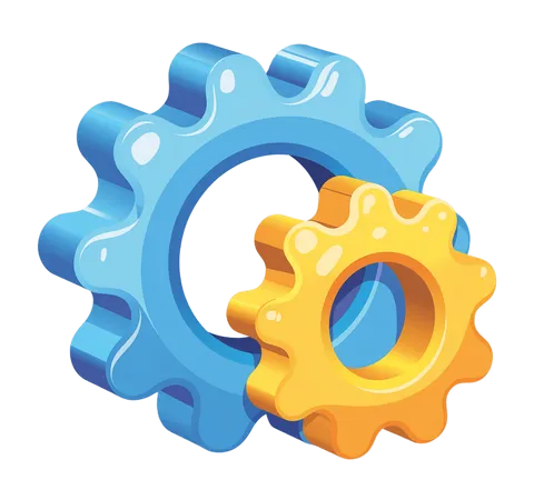 Interlocking blue and orange gears 3d clipart for business technology and engineering presentations PNG