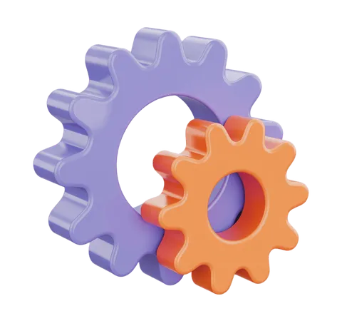 Interlocking purple and orange gears illustration for business technology and mechanics design projects PNG