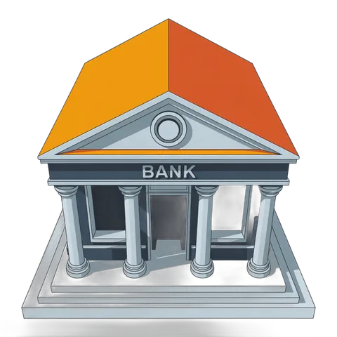 Isolated 3d bank building clipart graphic with pillars and orange roof for financial presentations PNG