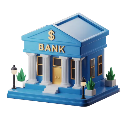 Isolated 3D bank building clipart with dollar sign symbol for financial business presentations and marketing materials PNG