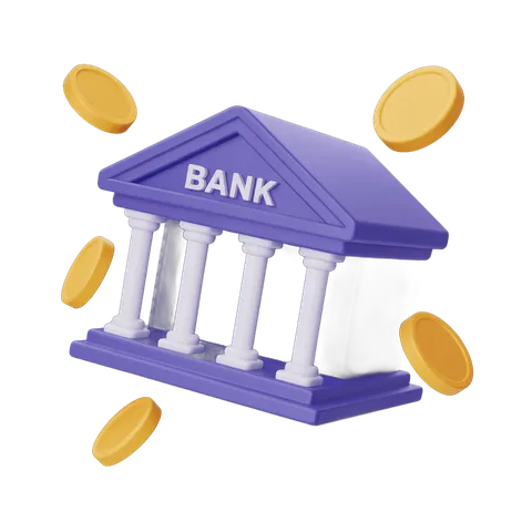 Isolated 3d bank building clipart with floating gold coins for financial business marketing PNG