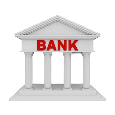 Isolated 3D bank building illustration with classical columns for financial presentations and branding PNG