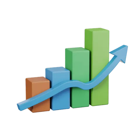 Isolated 3d bar chart with upward growth arrow for business success and financial progress presentations PNG