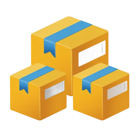 Isolated 3d cartoon delivery boxes with blue shipping tags for ecommerce packaging design and branding PNG