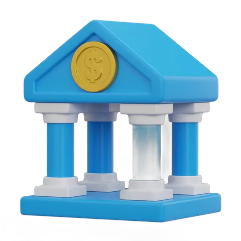 Isolated 3d clipart building illustration of a bank with dollar sign symbol on roof for financial business graphics PNG