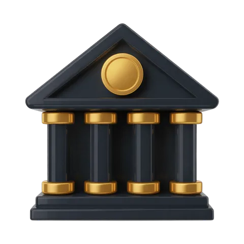 Isolated 3d clipart building illustration of classic greek temple with gold columns for corporate presentations and branding PNG