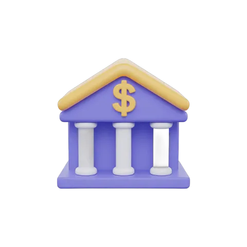 Isolated 3d clipart graphic of a classical bank building with dollar sign symbol for financial business marketing PNG